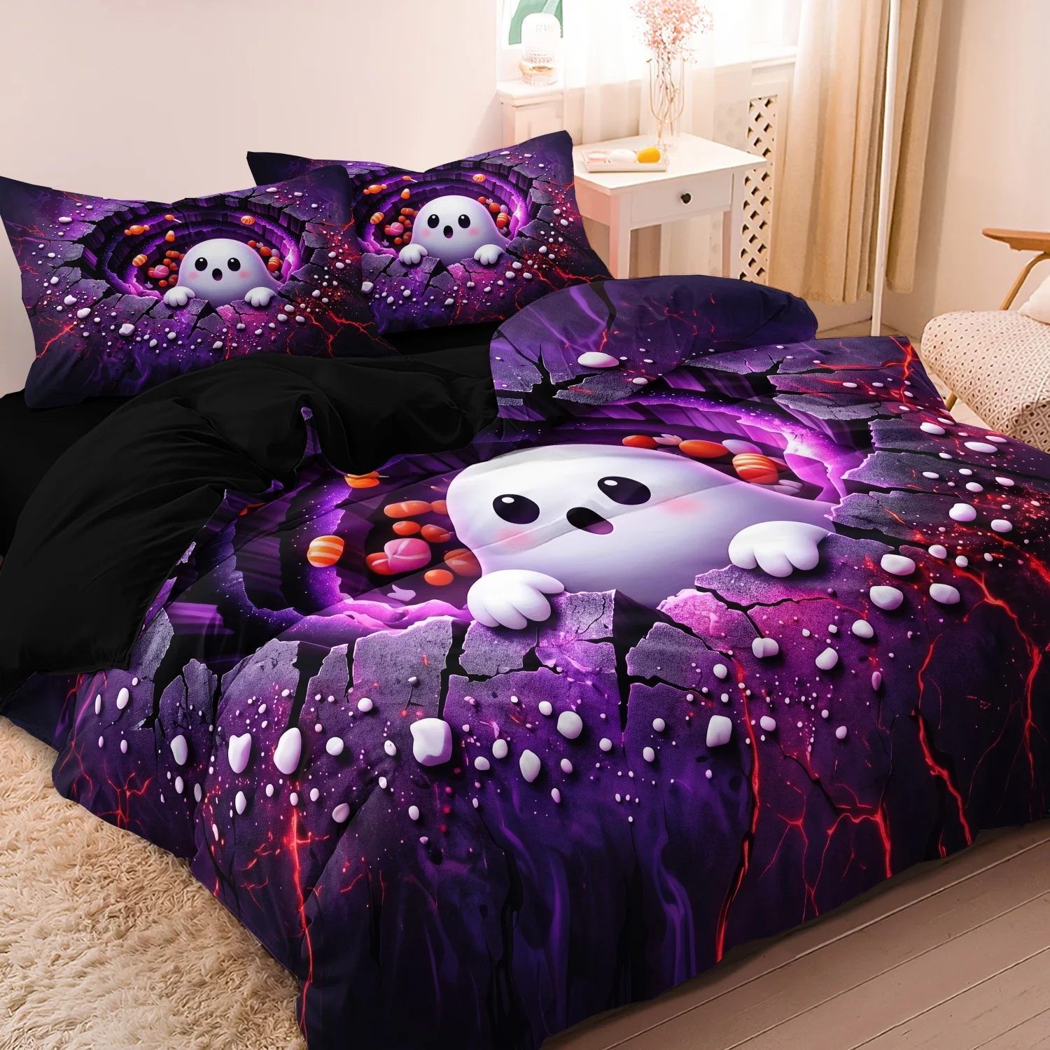 3Pcs Cracked Wall Cute Ghost Halloween Print Duvet Cover Set, Purple Lava Crack Ground Peeking Ghost Candy Print Bedding