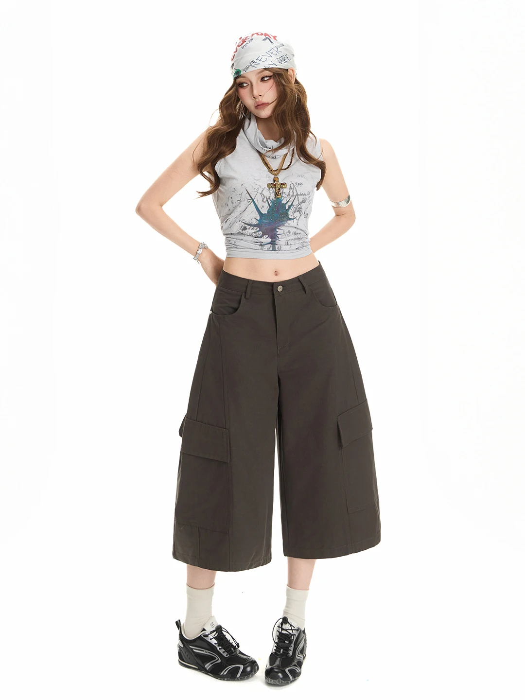 American Workwear Style Multi-Pocket Wide-Leg Denim Shorts Women Summer New Loose Cool Slimming Seven-Foot Pants