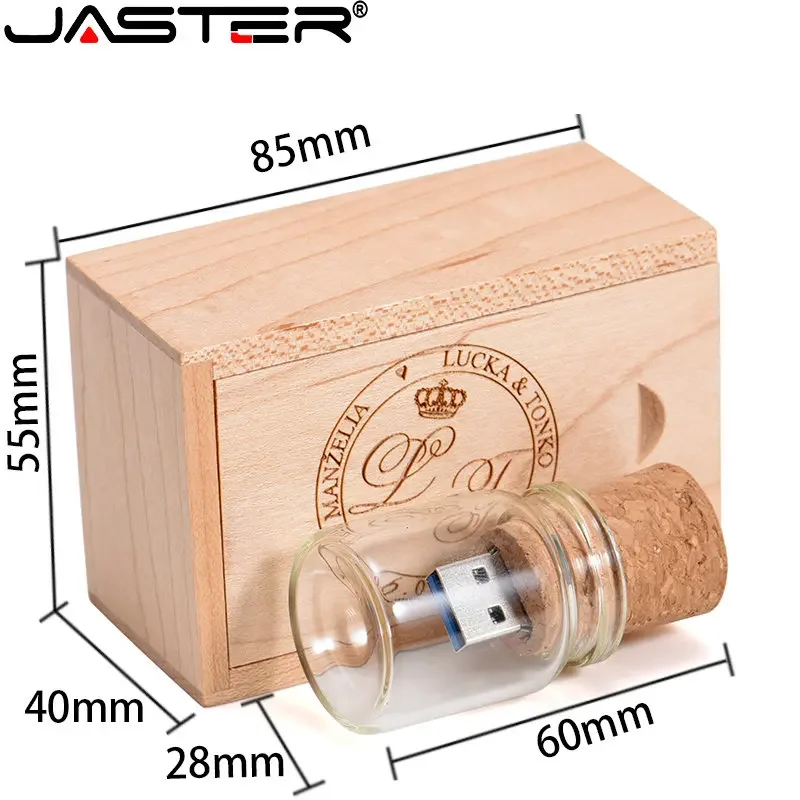 10PCS/LOT USB 2.0 Flash Drive 128GB Glass Drift Bottle with Maple Wood Box Free Logo 64GB 32GB Memory Stick Creative Gift U Disk