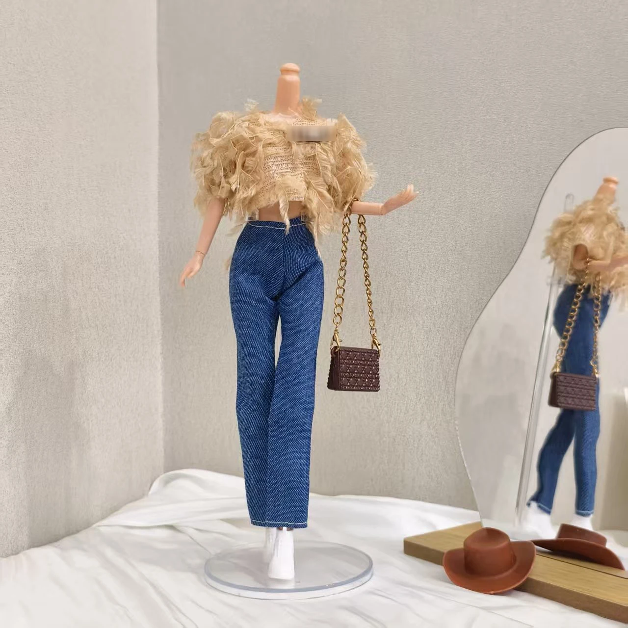 30cm Doll Clothes Accessories Fashion Retro Feather Top+Classic Denim Pants+Handbag For 1/6 BJD Supermodel Doll Daily Dress Up