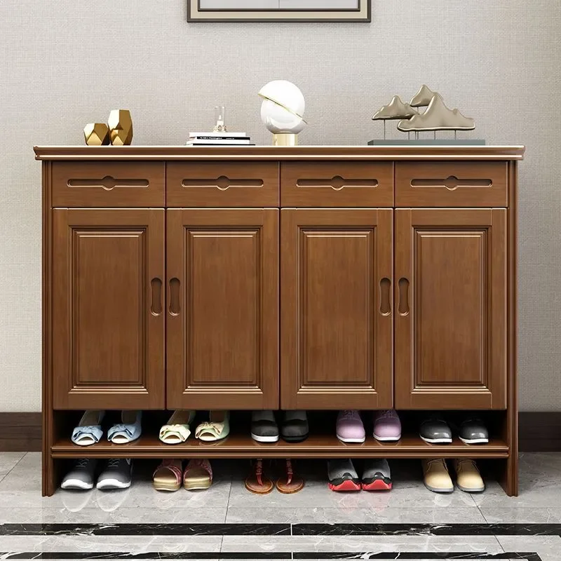Chinese‑Style Entryway Shoe Cabinet 4‑Door 4‑Drawer With Open Bottom Shoe Rack Large‑Capacity Storage Cupboard For Home Porch
