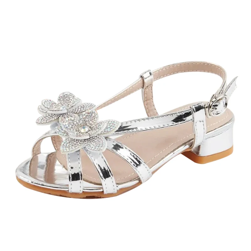 

Летние сандалии принцессы с цветочным узором для девочек со стразами, детская удобная нескользящая обувь на высоком каблуке с мягкой подошвой для детской вечеринки