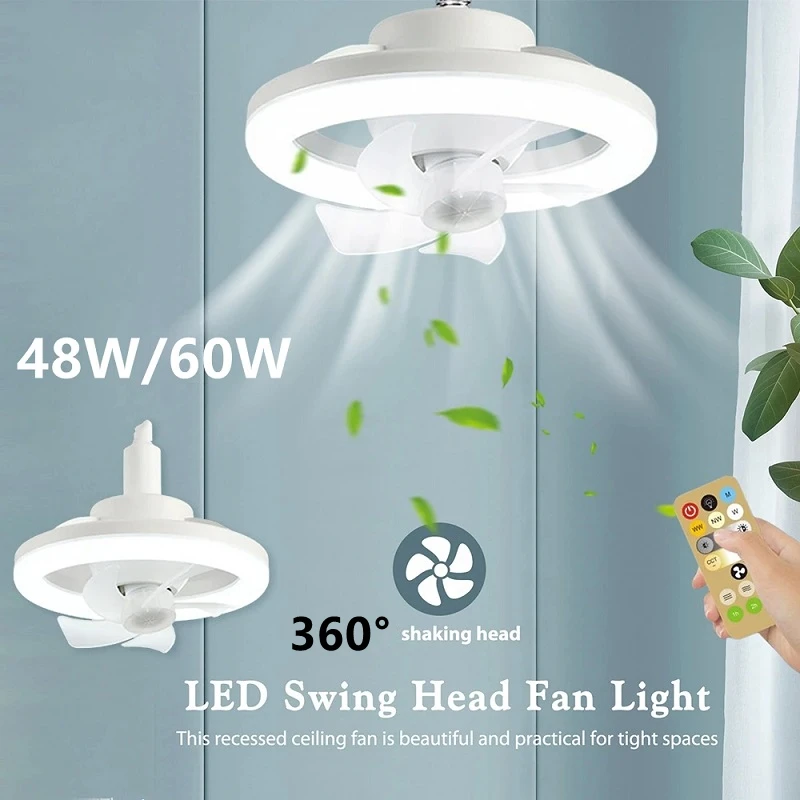 

48/60W Ceiling Fan with Lighting Lamp E27 Converter Base with Remote Control for Bedroom Living Home Silent 3 Speeds 360 °