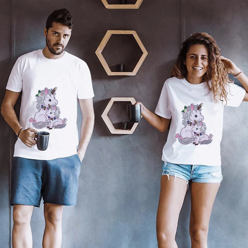 

New Summer Unicorn Pattern Solid Cotton T-shirts Parent-child Wear Oversized Casual Soft Tees Unisex Short Sleeve Tops