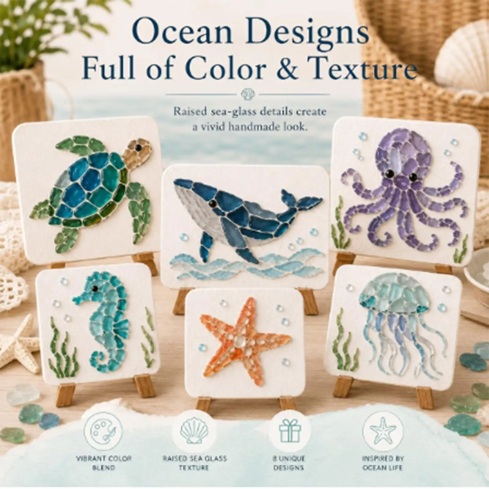 Coastal Sea Glass Mosaic DIY Craft Kit, Marine Life Ocean Animal Art Making Supplies, Stress Relief Handmade Hobby Gift