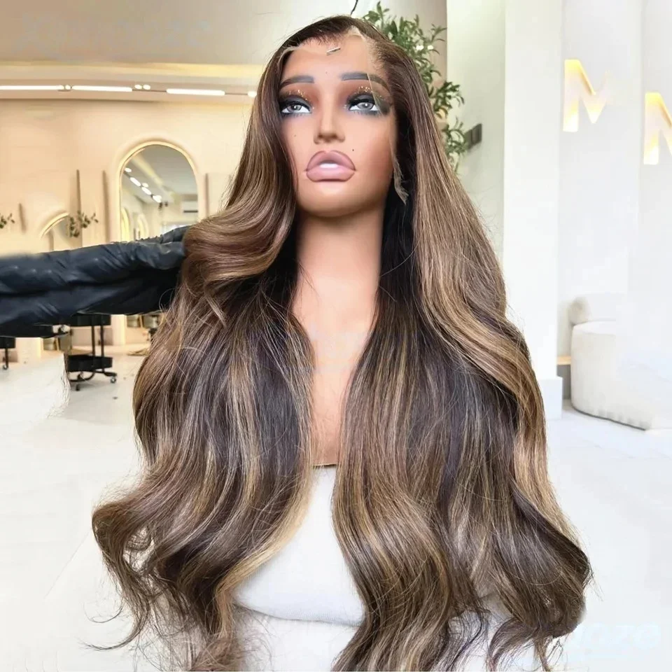 Super Long body wave Wig highlight Brown Colored Wig Glueless 13x4 Lace Front Wig Synthetic Fibre Womens Gift Wig for Party Use