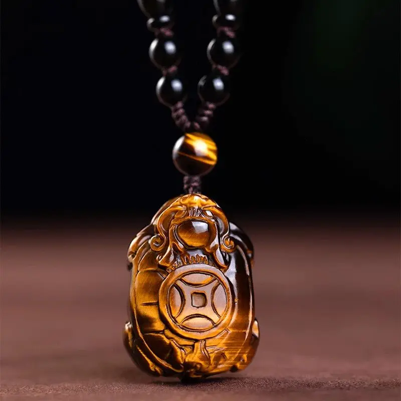 

Natural Yellow Tiger's Eye Stone Dragon Turtle Pendant, Men's Turtle Necklace, Gift for Elders