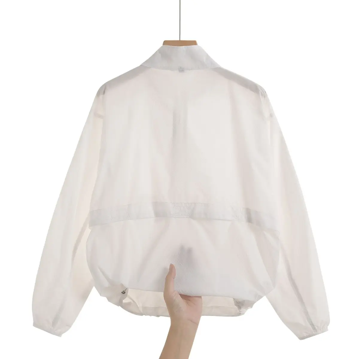 Leichte Sommerjacke für Damen mit Stehkragen, Sonnenschutz, atmungsaktiv, Patchwork-Design, lockere Freizeitjacke mit elastischen Ärmelbündchen, Kordelzug am Saum, geeignet für Radfahren, Wandern, Pendeln, Reisen und Camping. – Detail 3