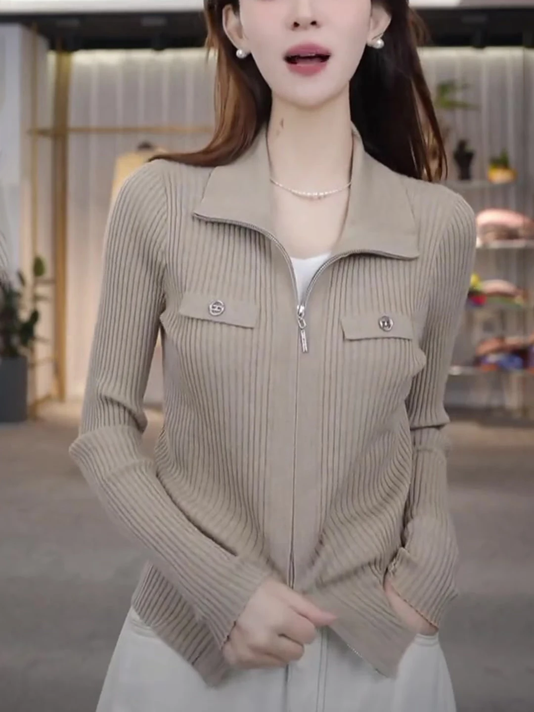 

Korean Sle Long Sve Knitted Cardigan Women's Double Zipper Design Khaki Color Faionable Autumn New All-Match Top