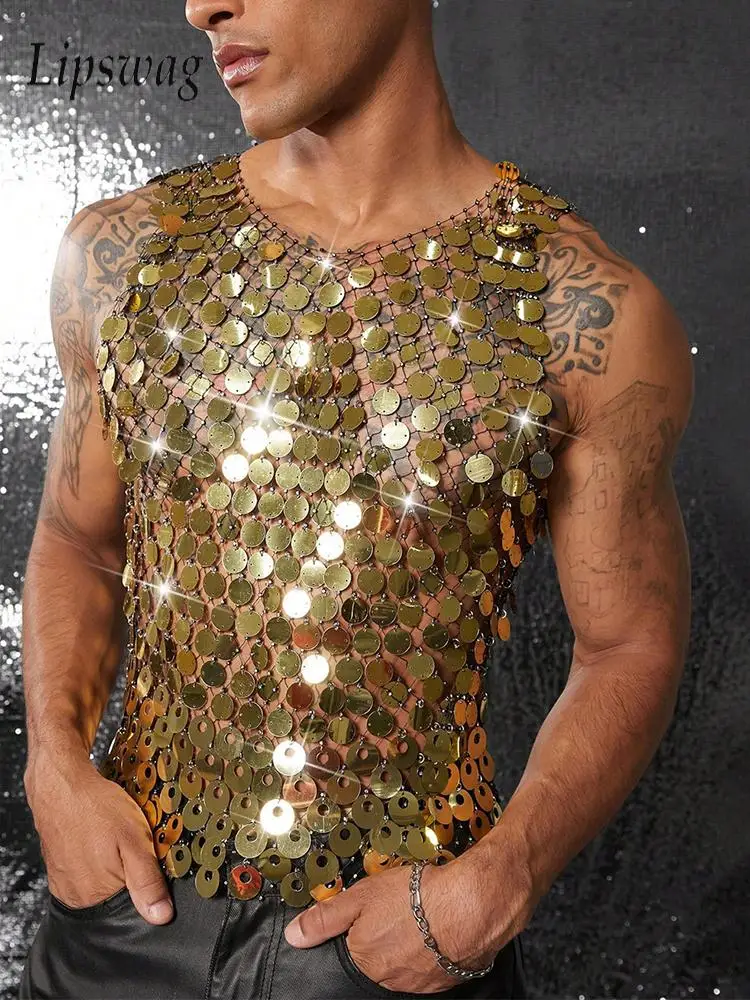 Sexy Transparente Pailletten-Tops für Männer Clubwear Mode Glänzende Glitzer-Tanktops Sommer Herren Stylische Ärmellose O-Ausschnitt Weste