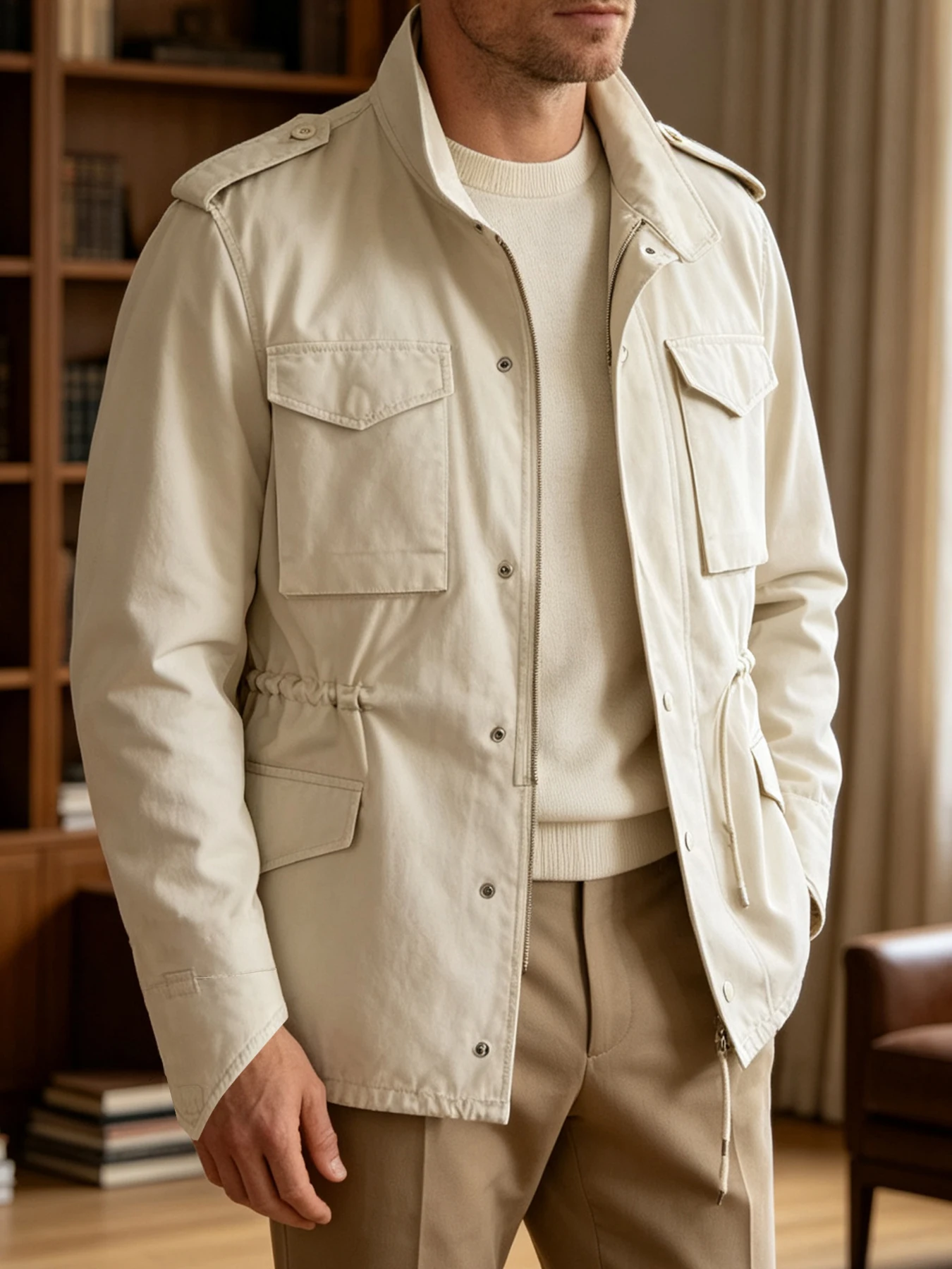 Men Old Money Style M65 Jacket Cream 100% Cotton Multi Pocket Lapel Collar Drawstring Business Casual Spring Autumn Outerwear