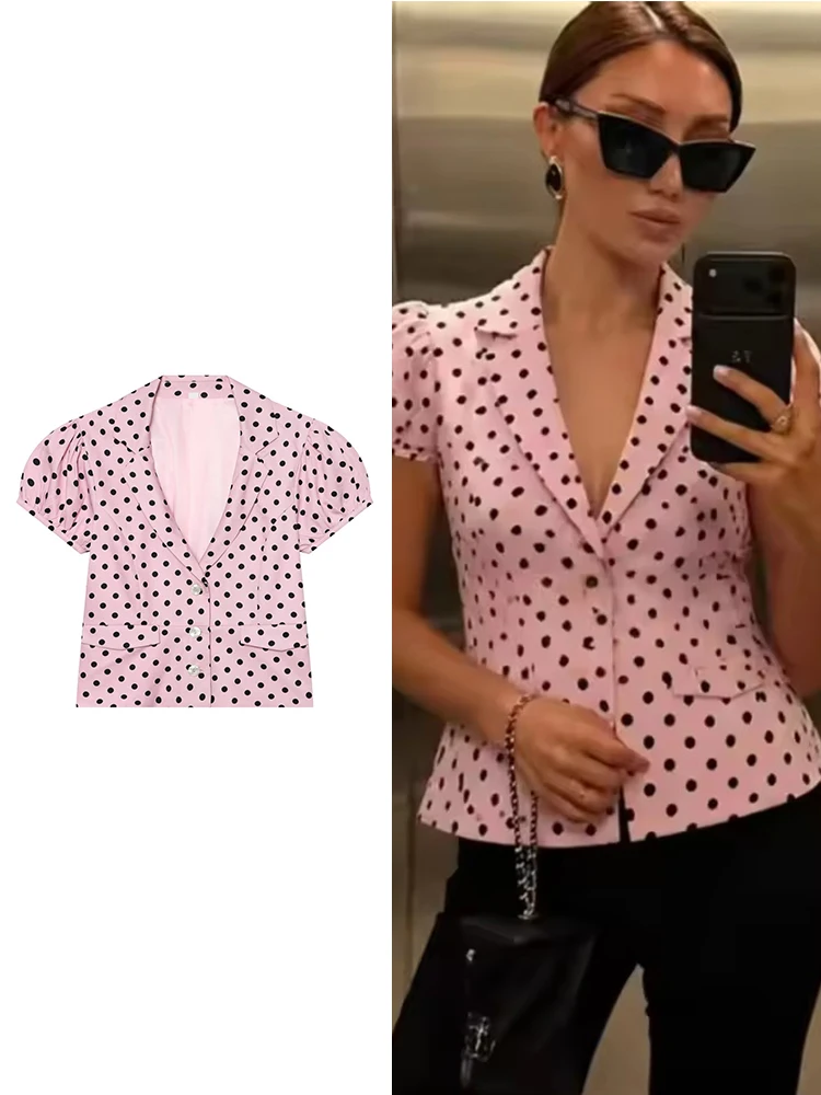 TFMLN 2026 Summer Women's Short Sleeve Jacket New Pink Polka Dot Chic Deep V-Neck Slim Fit Coat Fashionable Holiday Casual