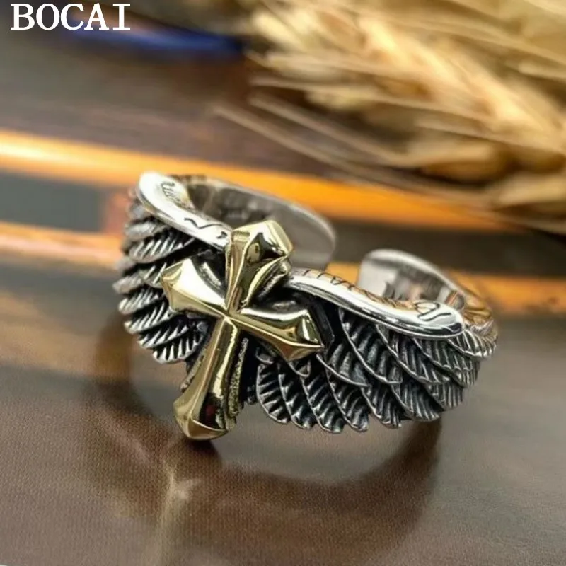 

BOCAI New S925 Sterling Silver Vintage Fashion Gothic Cross Wings Opening Ring, Men's and Women's Style