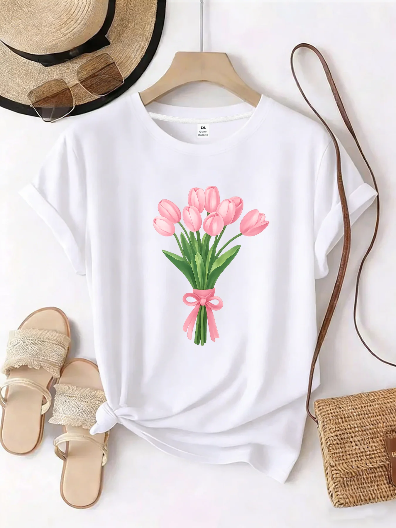 

【WZM101467】Tulip print plus size women's round neck summer casual short sleeved street fashion versatile plus size T-shirt