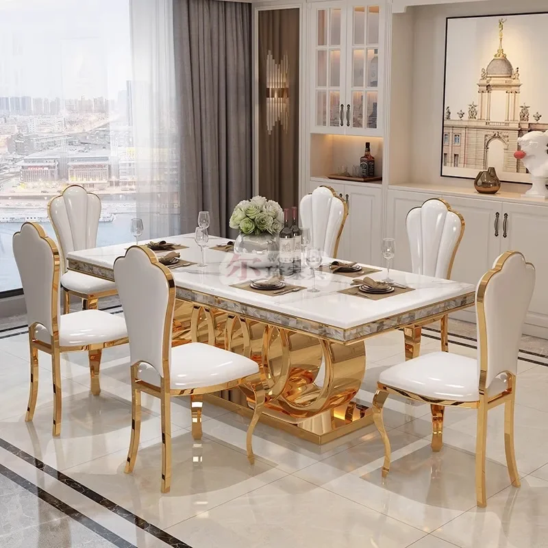 심플 로얄 스테인리스 스틸 식탁 세트 6인용 8인용 10인용 대리석 상판 골드 베이스 메탈 식탁 및 의자 세트 6인용