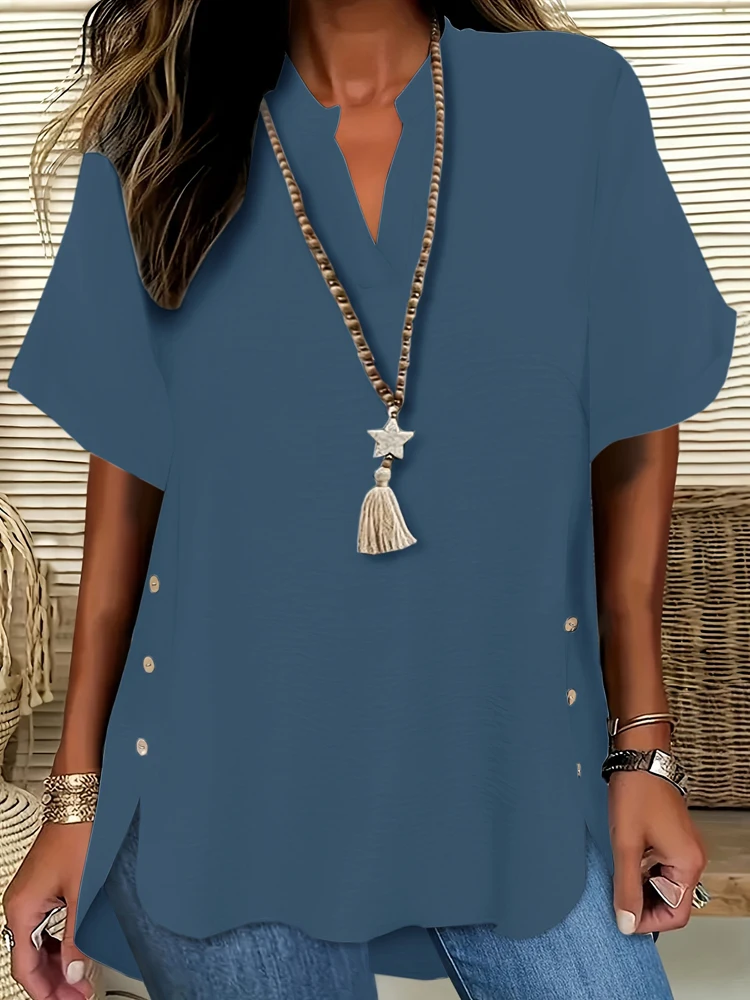 

Plus Size Elegant Loose Casual V-neck Buttons Large Size Women Tops Loose Home Office Commuter Style