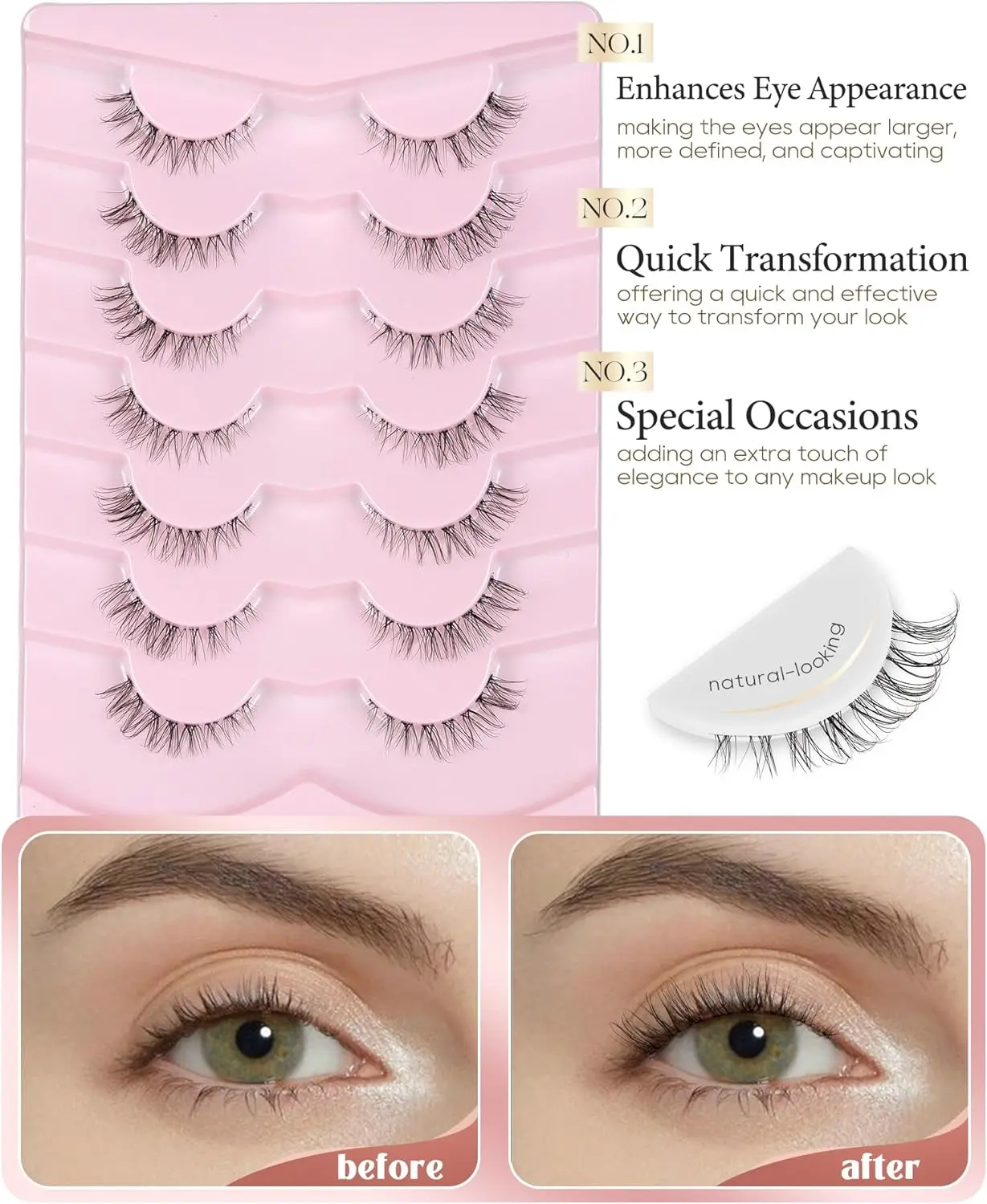 Sztuczne rzęsy Onlyall, krótkie, naturalne, 3/4, małe rzęsy, sztuczne rzęsy, delikatne, przezroczysta taśma, rzęsy do oczu, 12mm H21