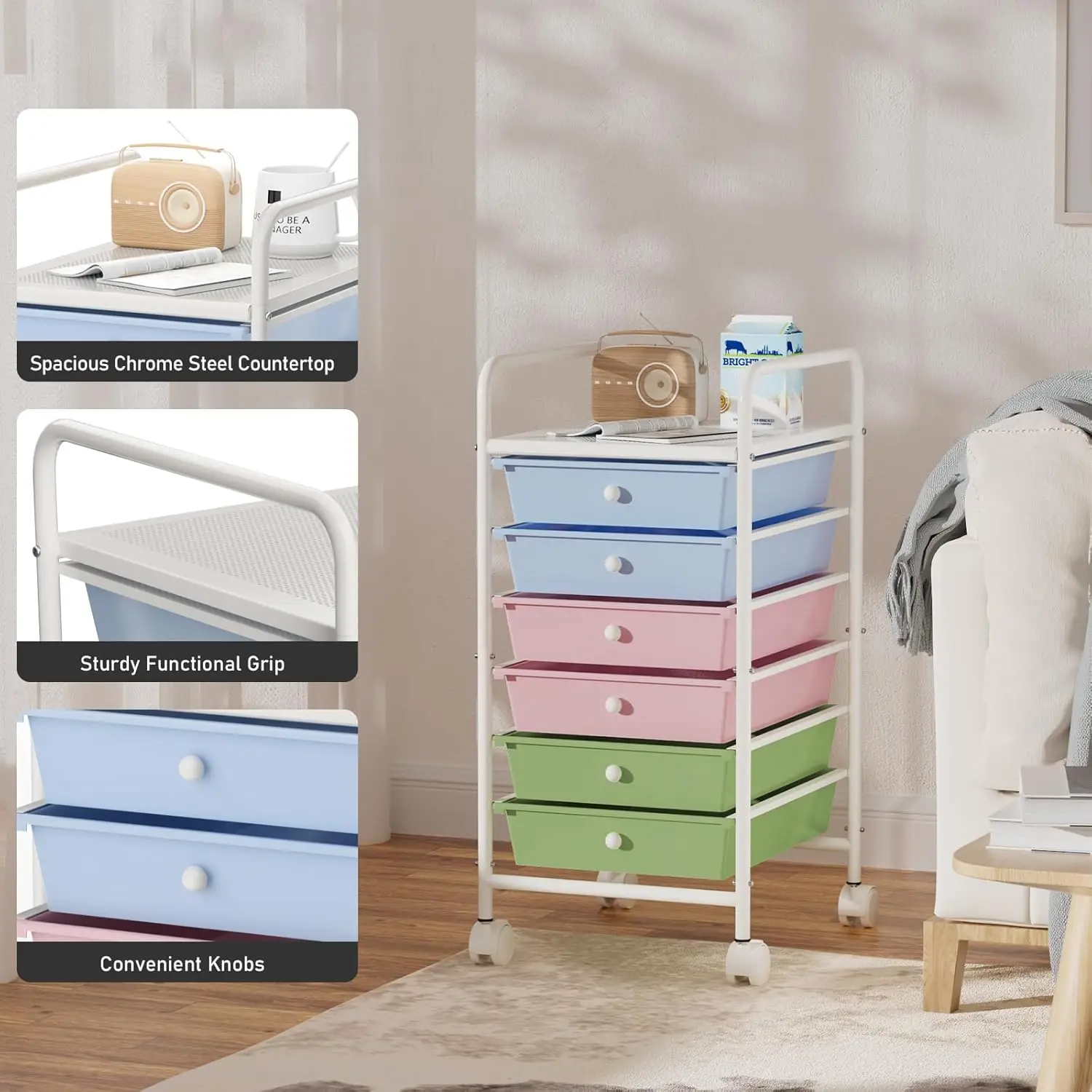 6-Tier Utility Cart with 6 Drawers, Rolling Utility Cart with 2 Lockable Caster Wheels, Multipurpose Mobile Rolling Drawer Cart