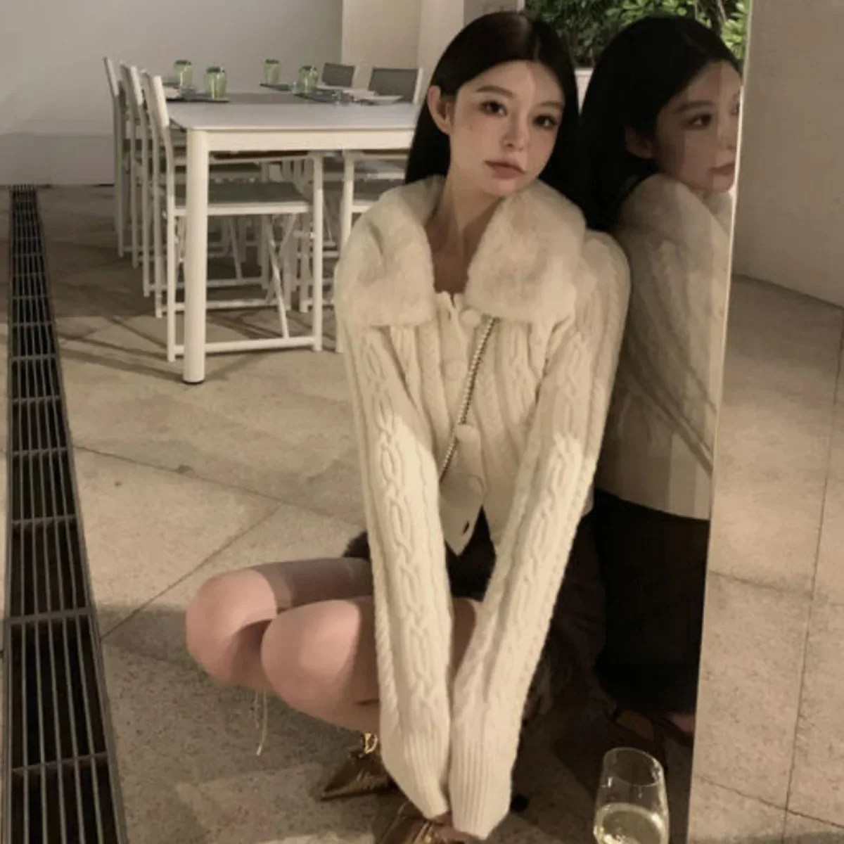 Knitted Sweater Women Korean Style Fur Collar Cardigan Female Long Sleeve Y2K Short Coat with Faux Fur Elegant Fashion Tops