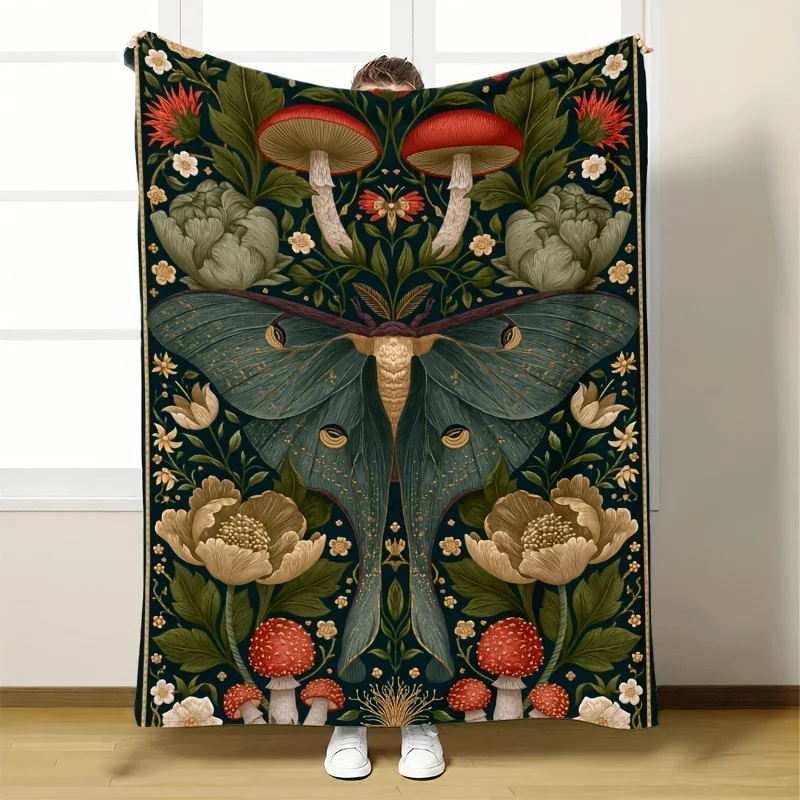 Large Mushroom Moth Nature Blanket Throw Tapestry Cozy Fall Bohemian Printed Art Decor Couch Cover 150x200cm