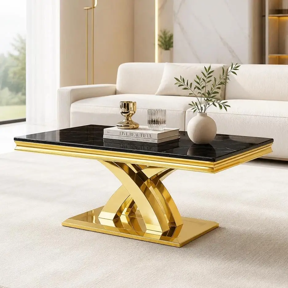 48“ Luxury Black and Gold Coffee Table, Polished Metal X-Shaped Base, Customized