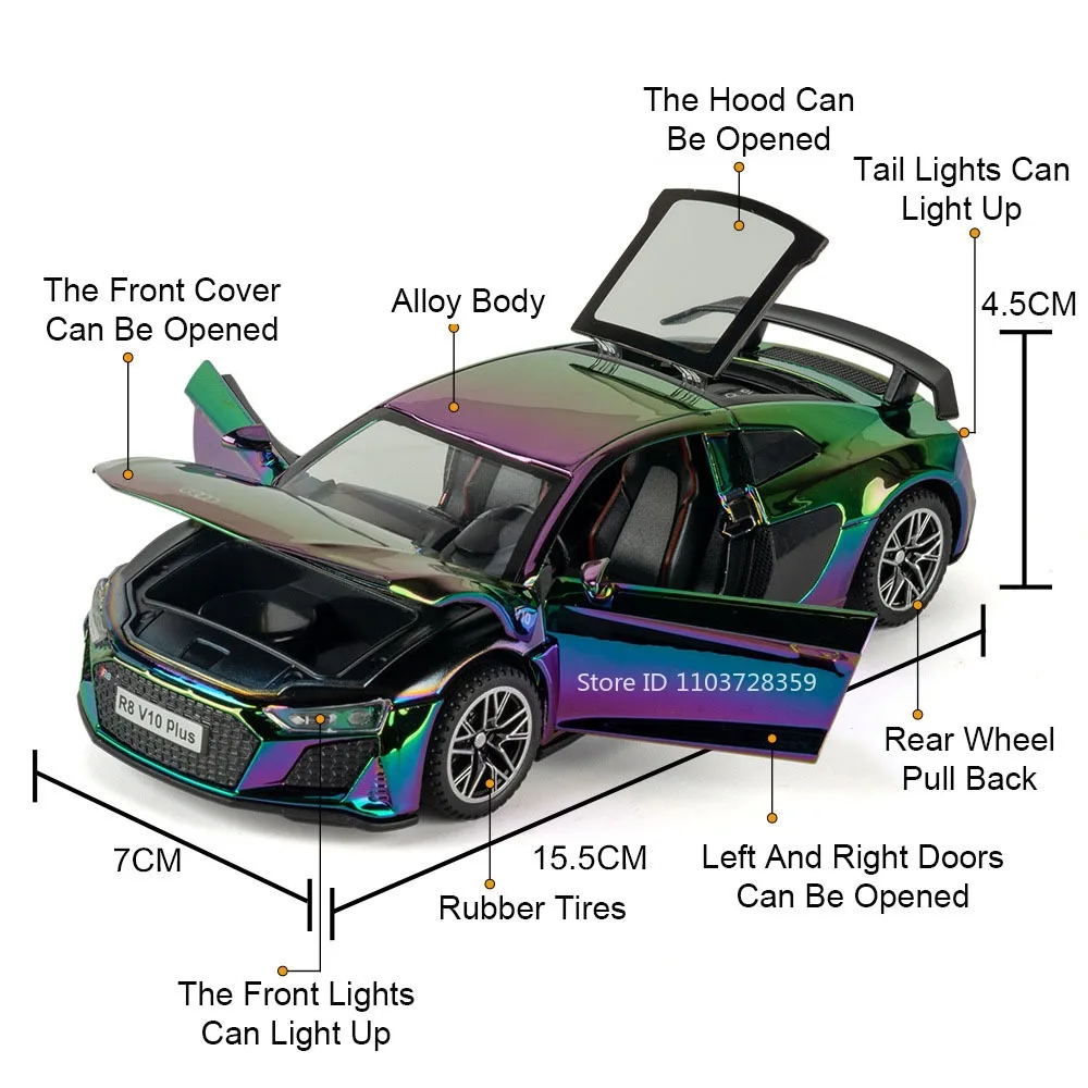 1:32 Supercar Modello GTR R8 Giocattoli Pressofuso in lega Ornamento Auto sportive Suono Luce Porte aperte Tirare indietro Regali di Natale per i bambini