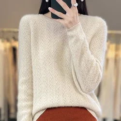 100% Merino Wool Clothing Women's O-Neck Pullover Spring and Autumn Thin Knitted Thread Hollow Top Fashion Korean New Product