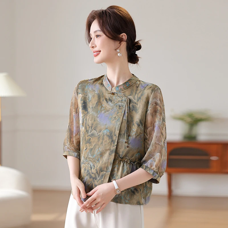 

Young Mom Summer Outfit Set Lady Brand Top 2025 New Mid-Aged Spring Summer National Style Snowflake Women's Fashion Loose Fit