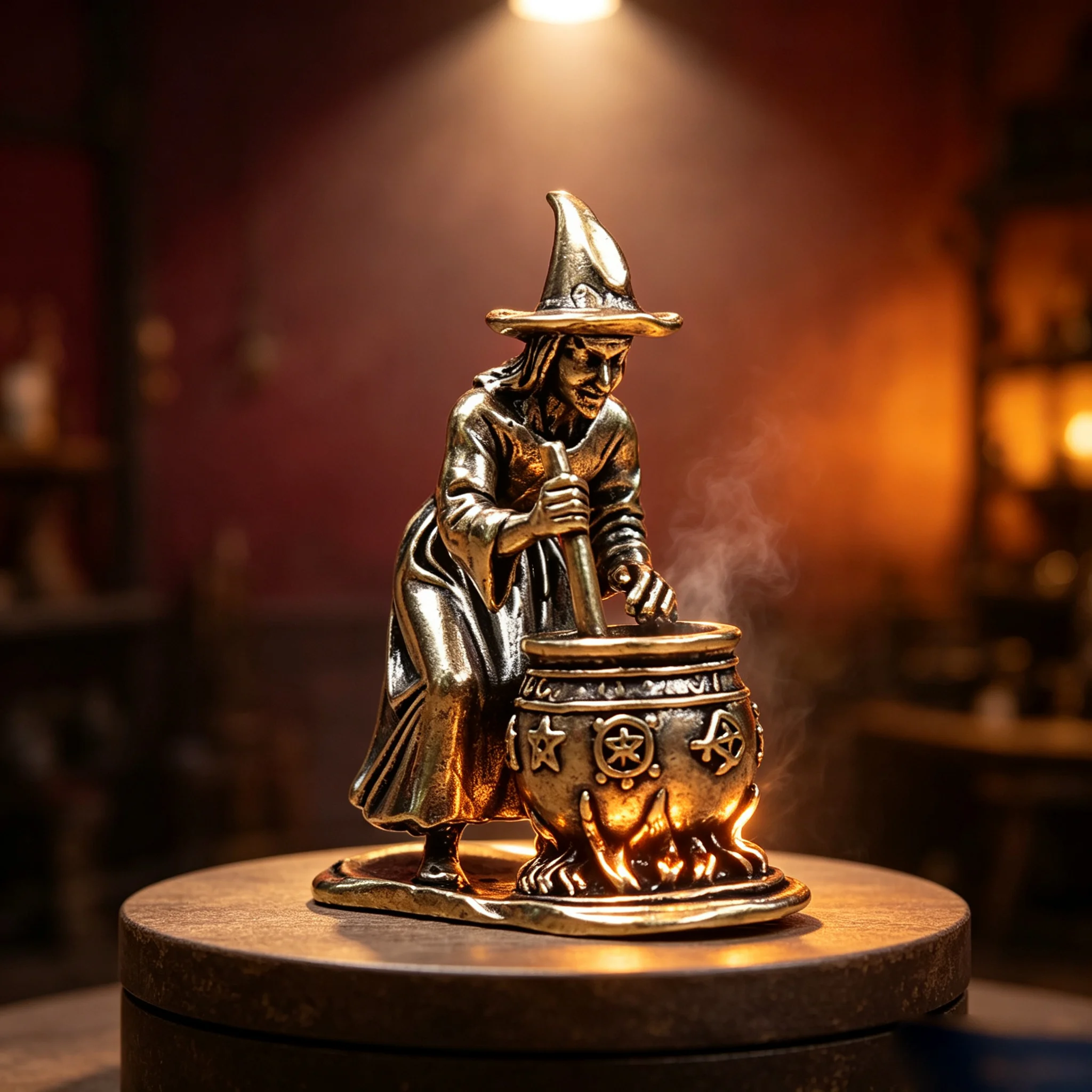 Brass Witch Figure with Cauldron Statue Witchcraft Figurine Halloween Tabletop Decoration Wiccan Altar Collectible