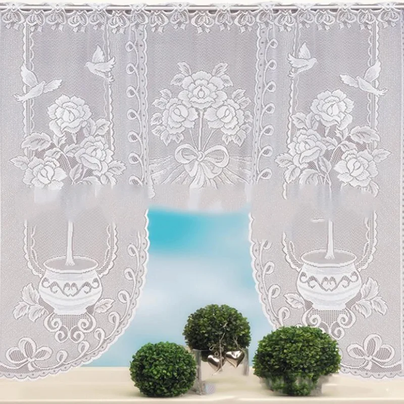 European White Translucent Coffee Curtain Warp Knitted Curtains Tulle Lace Sheer Jacquard Bedroom Curtains Roman Blind