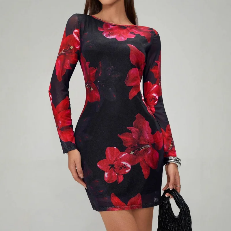 

European and American New20252025Spring Summer New Women's Floral Print Round Neck Mesh Long Sleeve Dress