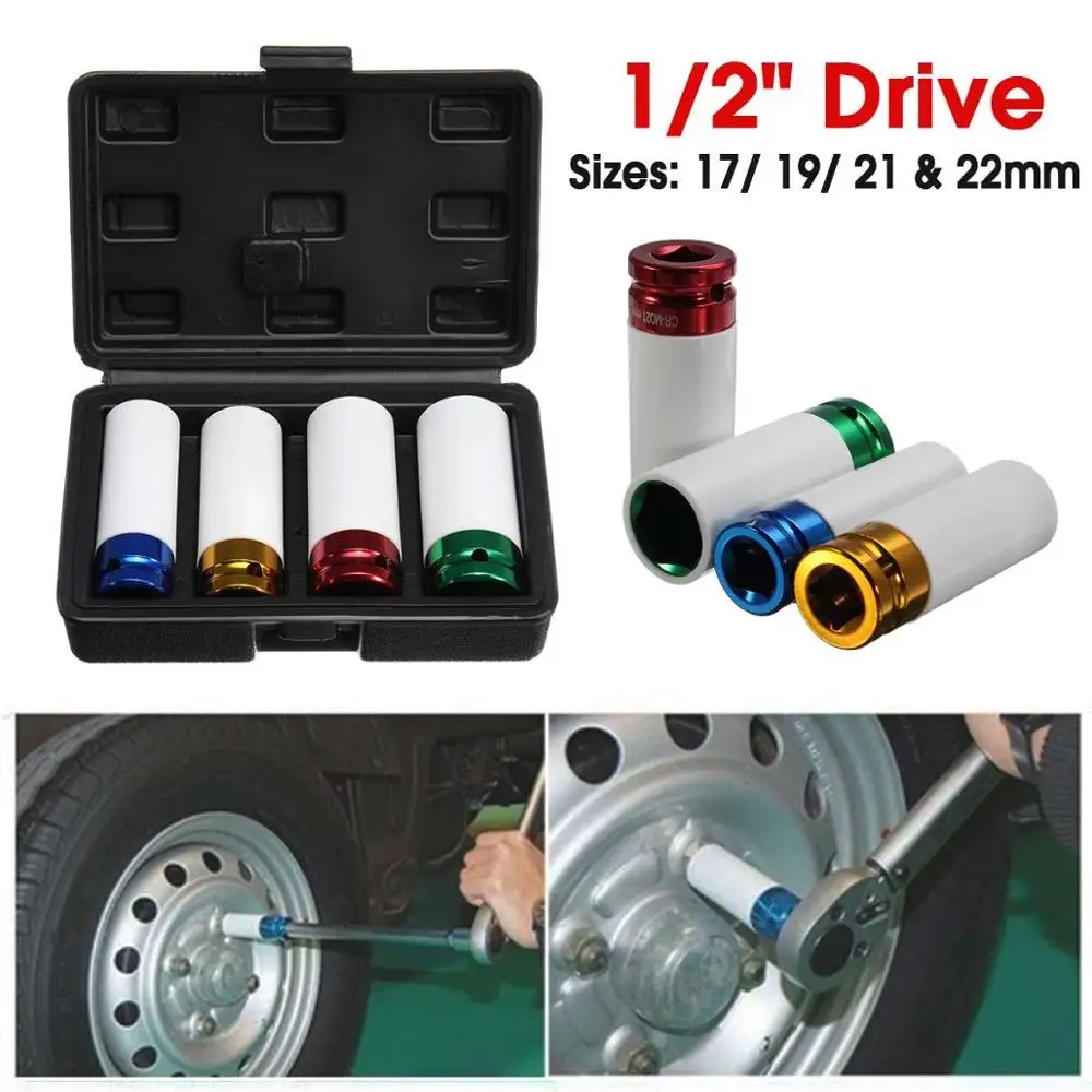 Auto Car 4Pcs/set 17-19-21-22mm 1/2\'\' Alloy Thin Wall Wheel Nut Deep Impact Socket Drive Set Gift Box For Friend Repair Tool Set