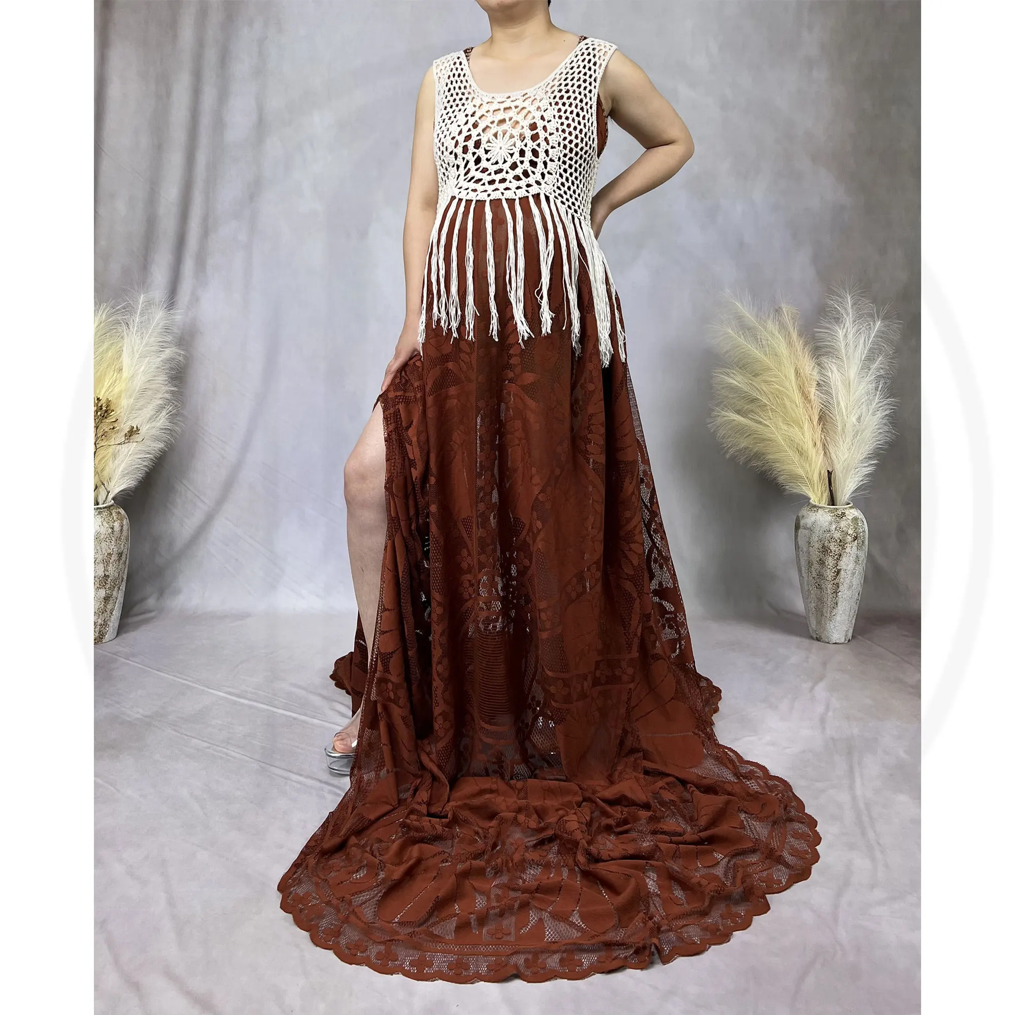 Don&Judy Maternity 2 Piece Outfit Set Photoshoot V-neck Lace Dress with Cotton Tassels Vest Set Maternity Photography Long Dress