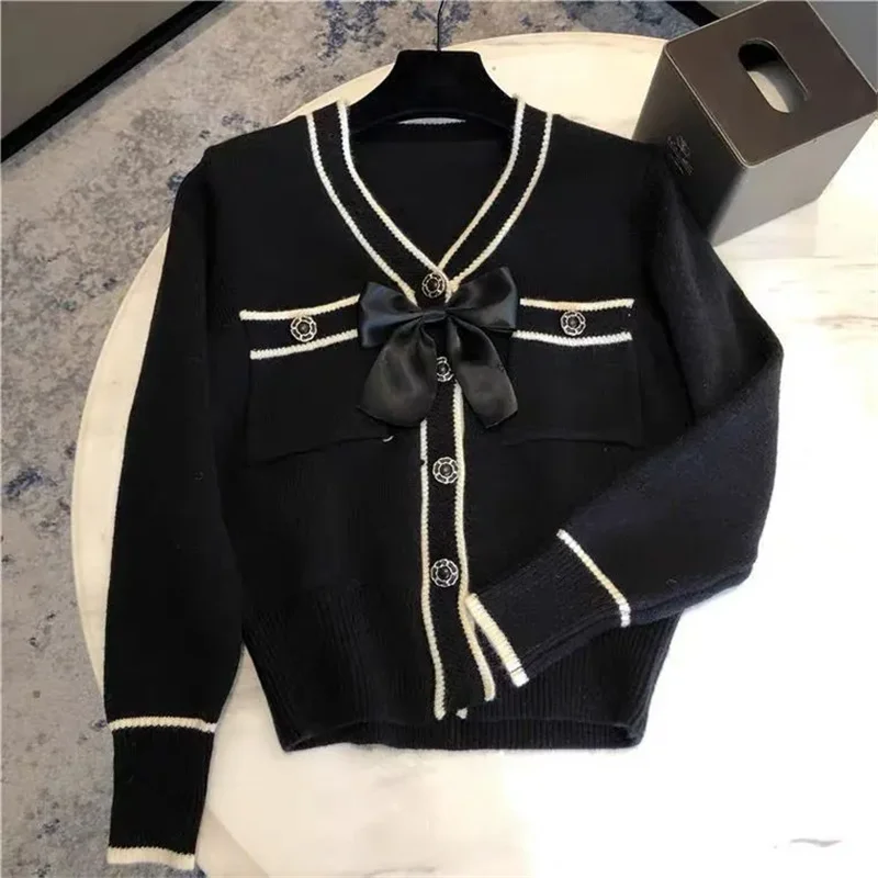 Autumn Winter V-Neck Cardigan Sweater Women2024 New Fashion Loose Casual Knitwear Bowknot Pure Colour button Outerwear Female