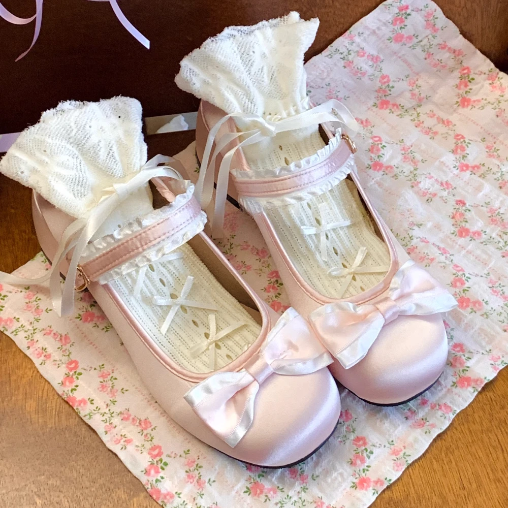 

Lolita Shoes for Women Ballet Shoes Summer Vintage Sweet Pink Mary Jane High Heels Bow Thick Heel Single Shoes Pumps Original