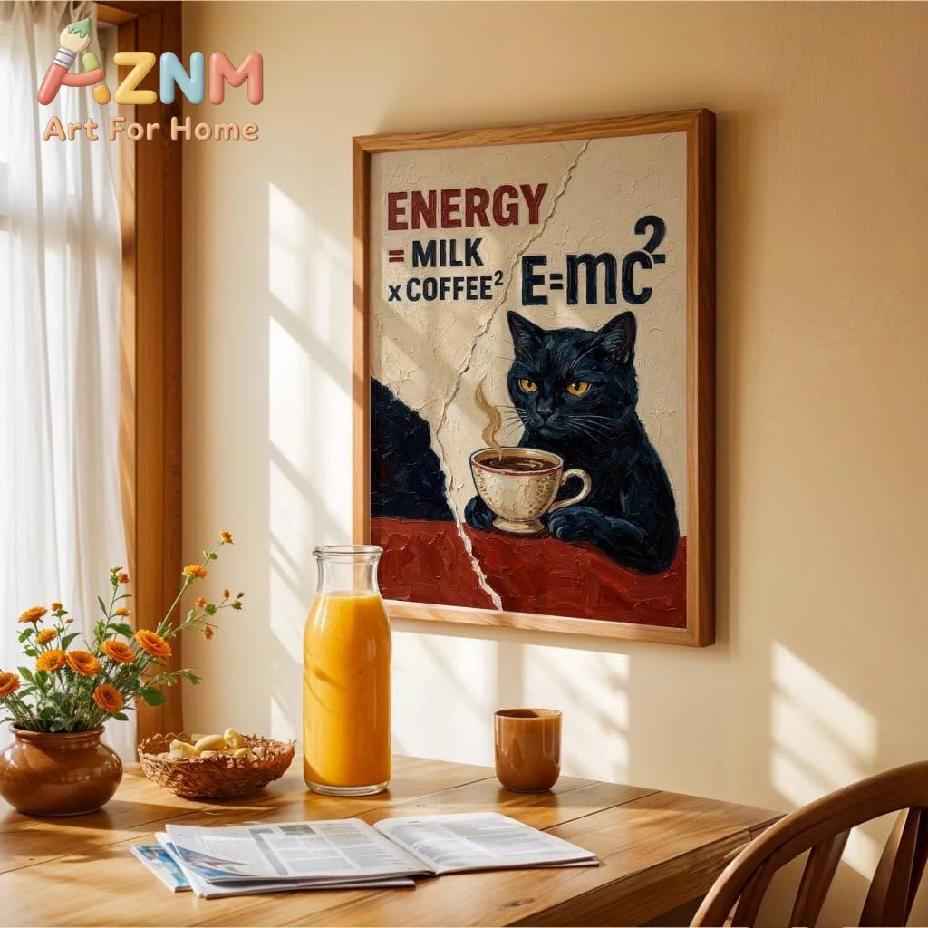 Modern Funny Coffee Cat Poster Energy Milk Coffee Canvas Wall Art Cute Black Cat Kitchen Decor Poster Living Room Decor Poster