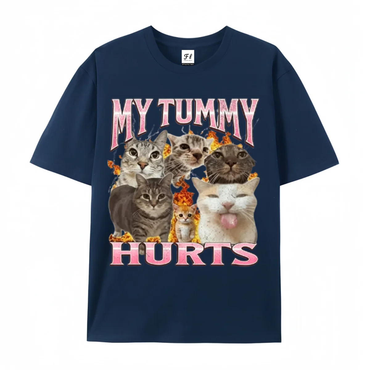 My Tummy Hurts Graphic T‑Shirt Retro Rock Band Style Funny Meme Cats Vintage Distressed Casual Unisex Short Sleeve Pet Humor Tee