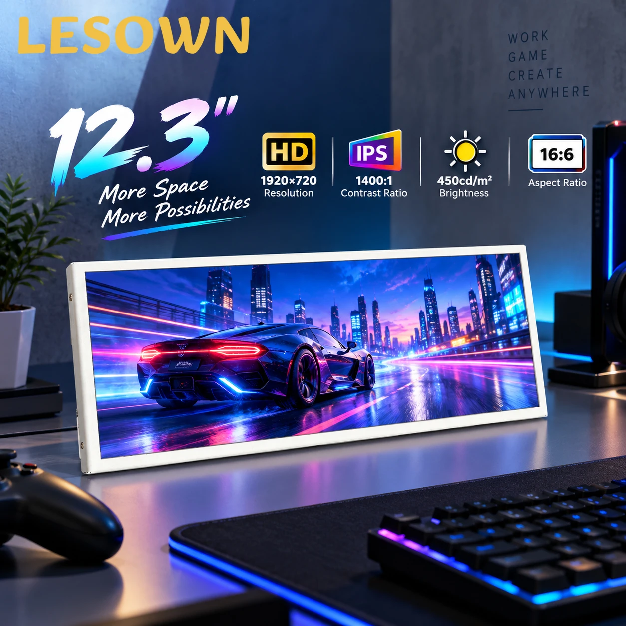 LESOWN 12.3 Inch 1920x720 Ultrawide 5-Point Touchscreen Portable Monitor Type-C VESA Speaker HDTV Display for Laptop Car PC