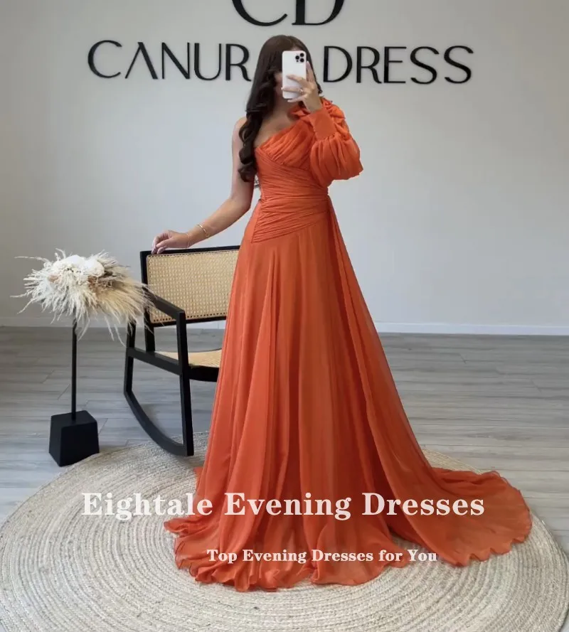 Eightale Orange Evening Dress One Shoulder Long Sleeve Chiffon Pleats Flower Arabic Formal Prom Party Gowns Robes De Soirée