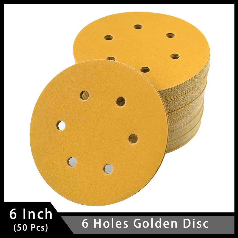 

50 Pcs 6 Inch 6 Holes Gold Sandpaper Discs Hook & Loop Backing Pad for Auto Paint Woodworking Metalworking Crafting Plastics