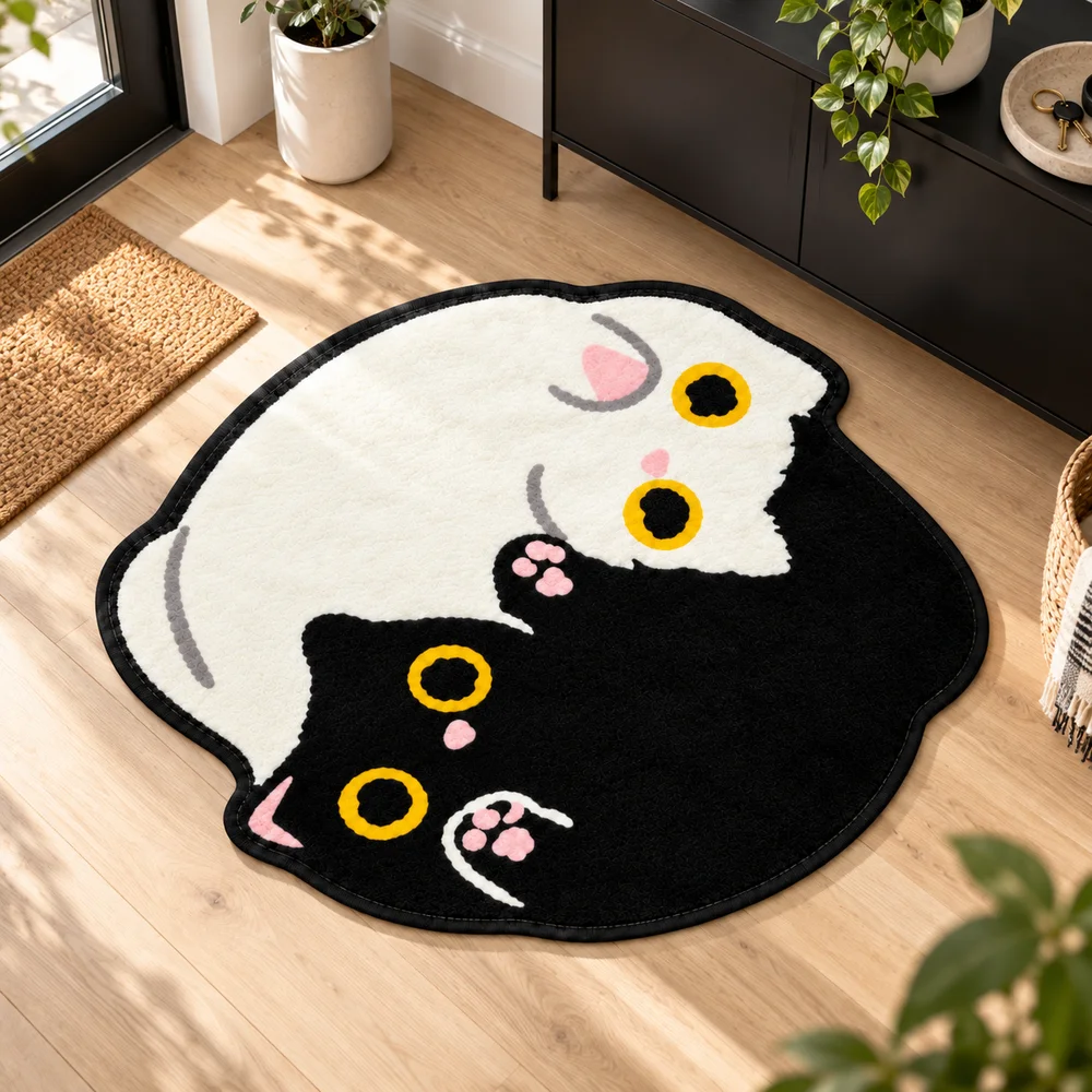 Black and White Cat Pair Shaped Flannel Rug, Creative Irregular Floor Mat for Bedroom Living Room Home Decor, Creative Gift