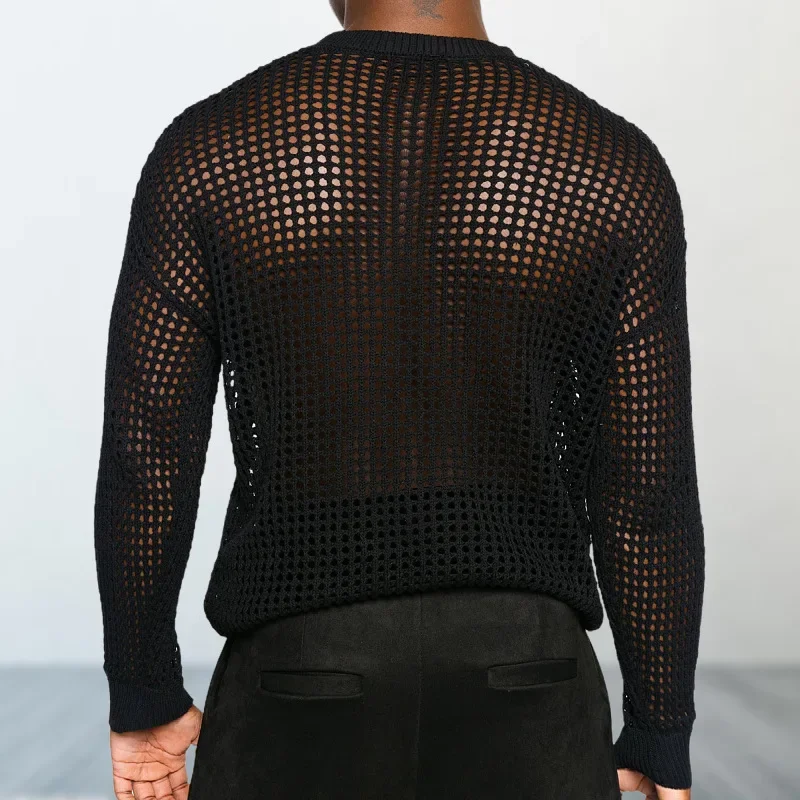 Sexy Mesh Men Knit Sweater Men's Clothing Sexy Hollow Men's Knitwear Party Perspective Thin Pullover Sweater Fashion Personality