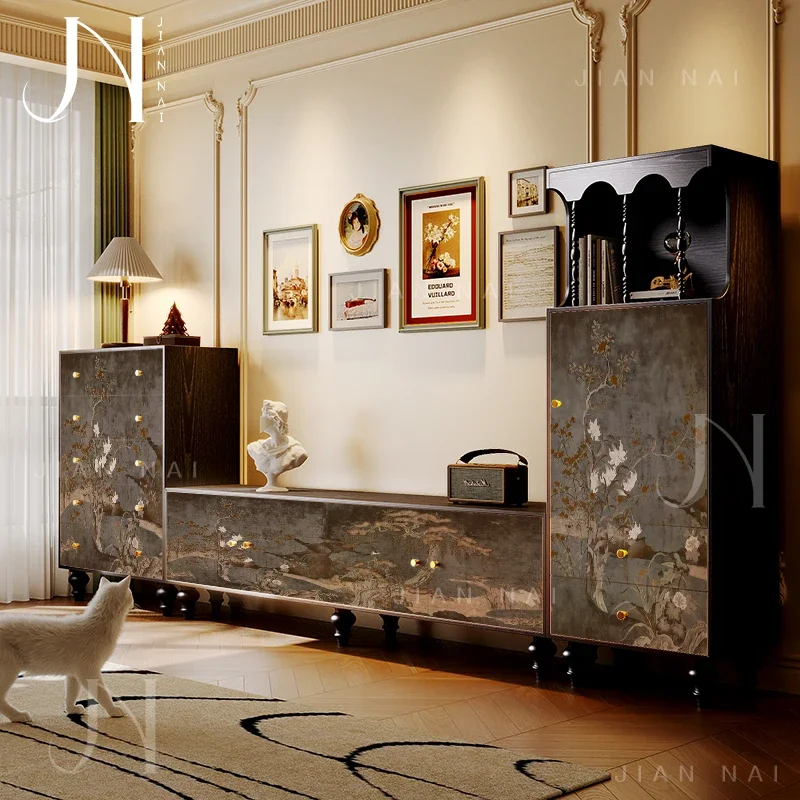 TAO French Chinese style solid wood TV cabinet classical flower living room background high foot storage storage bedroom