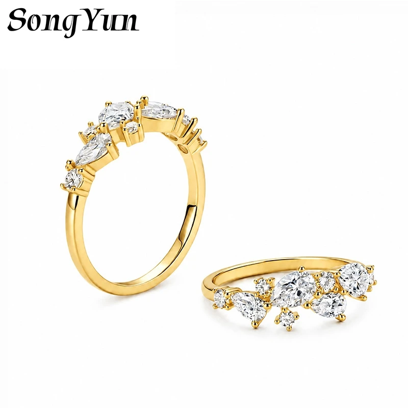 SONGYUN Moissanite Diamond Jewelry Womens S925 Sterling Silver Irregular Spliced Moissanite Solid Band Ring