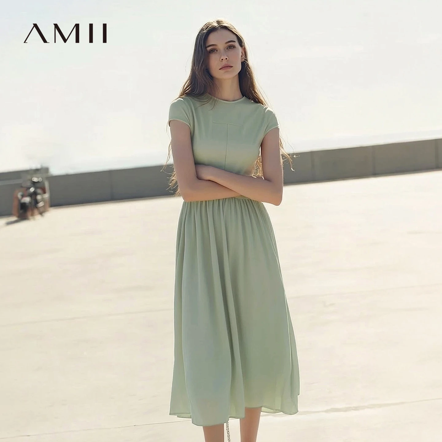 

Amii Women's Dress 2026 Summer New Round Neck Chiffon Patchwork Midi Dress Office Casual Short Sleeve Woman Clothing 12622073