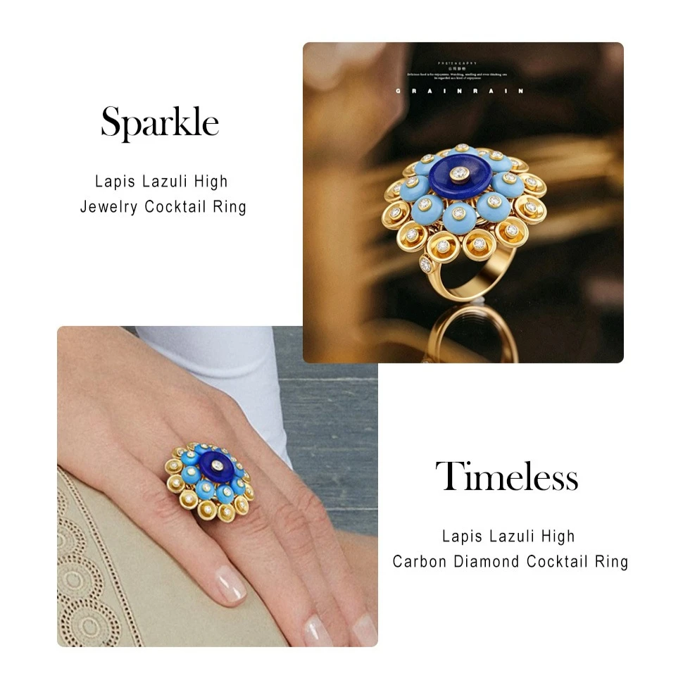 Vintage Natural Lapis lazuli Ring Flower Design 925 Sterling Silver Statement Fine Jewelry for Women's Festival Anniversary Gift