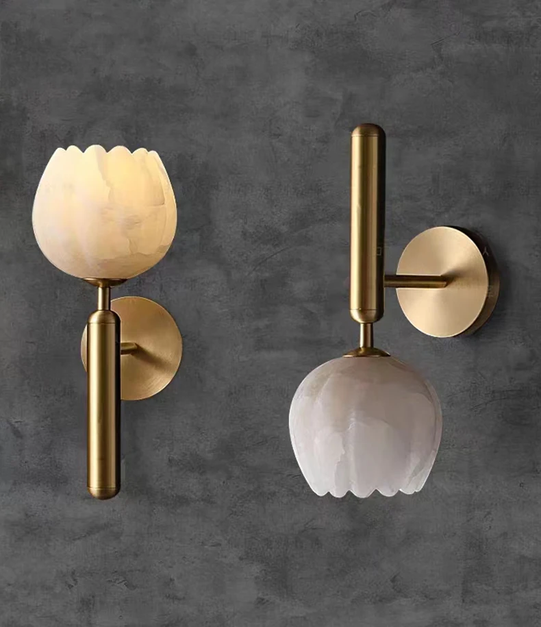 Art Natural Marble Wall Lamp Flower Shape Brass E14 Bulb