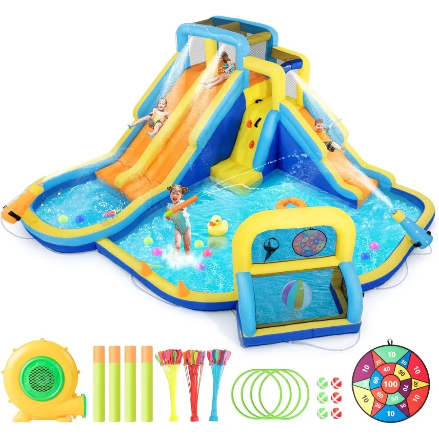 에어바운스 워터 슬라이드, 워터파크 바운스 하우스, 세 개의 슬라이드가 있는 바운서 캐슬 플레이하우스 (물놀이 풀, 클라이밍 월, 펠트볼 타겟 포함)