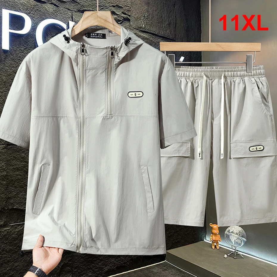 Summer Tracksuits Men Plus Size 11XL Summer Zipper Sets Casual Fashion Quick Drying Hooded Shirts Shorts Suits Male Big Size
