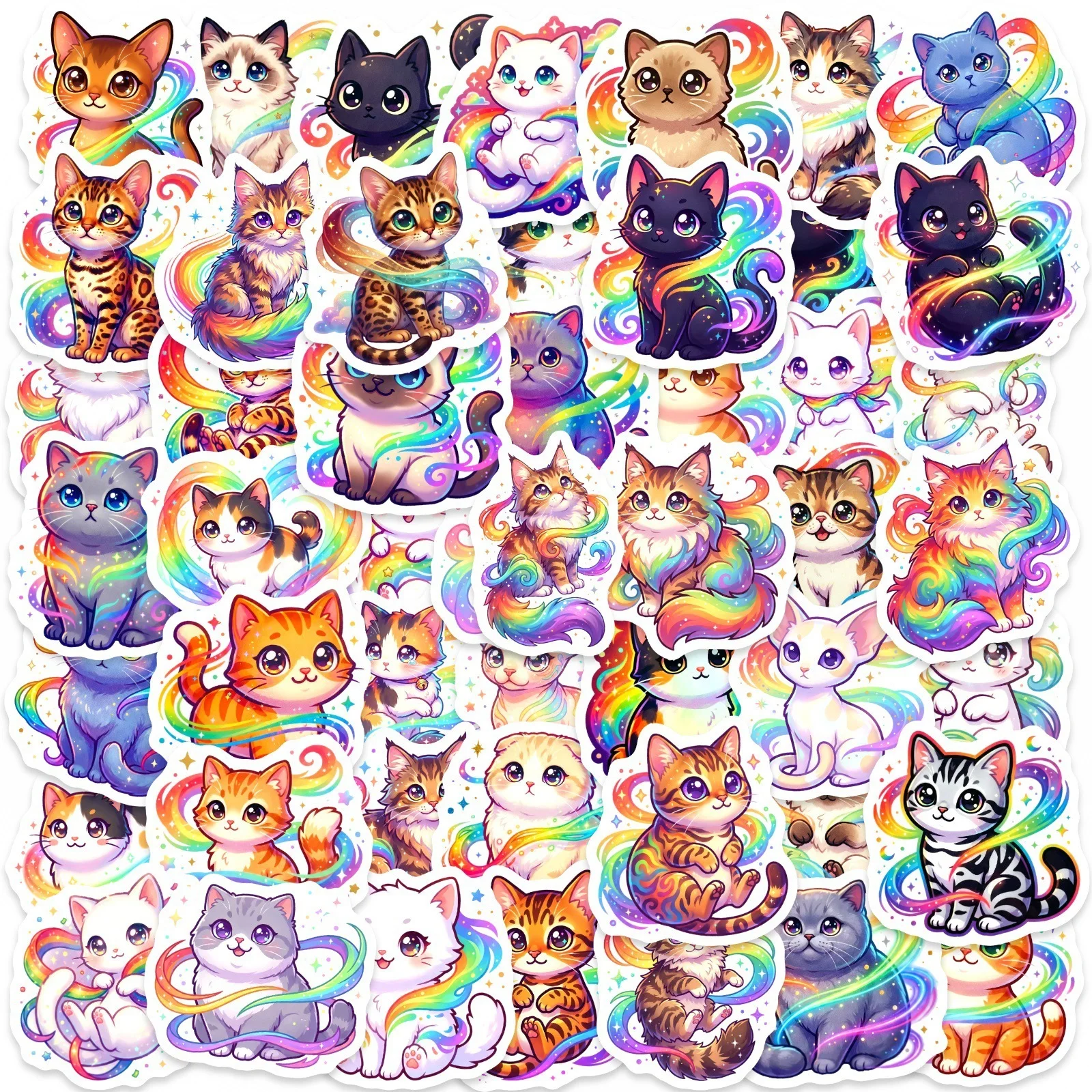 50/100 Pcs Cute Cartoon Rainbow Cat Stickers Pack, Vinyl Removable for Phone Cup Scrapbook Helmet Diary DIY Decals